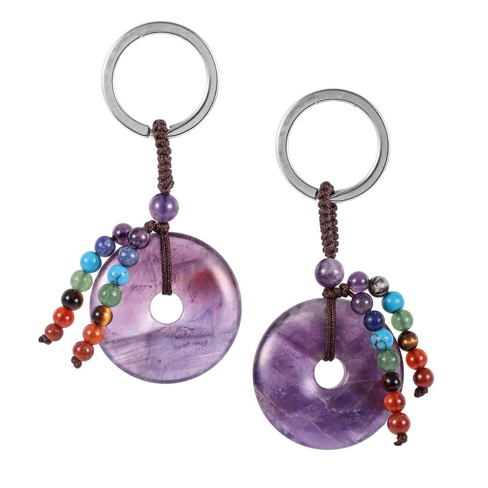 5337 2pcs Polished Donut Crystal Keychain , Healing 7 Chakra Round Stone